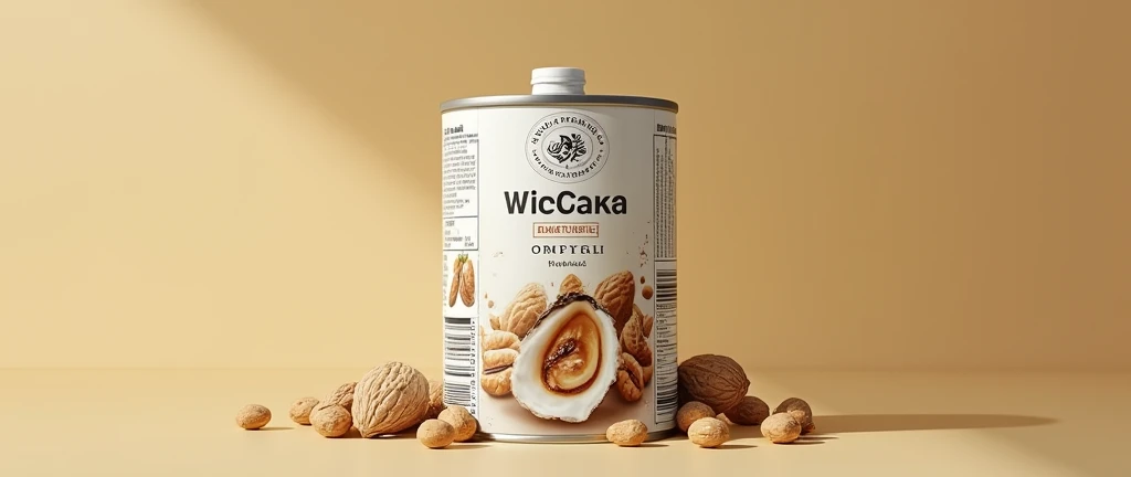 create a print design to wrap a round milk can, consists of 3 equal parts, left part, middle and right part, left part và phần bên phải là gồm thông tin sản phẩm dưới dạng chữ viết, with barcode. The middle part has the main image of oysters and nutritious nuts along with the name of the product, make them on the same layer.

