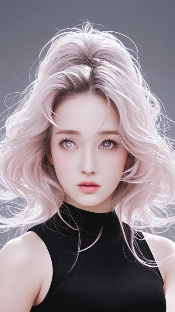 She has long silver hair、Has twin-tail hairstyle。Her hair is in loose waves.、The bangs are straight and cover the forehead.。The skin is white and smooth、Lips are pale pink and shiny。Her expression is cool、She is looking down slightly.、Lips slightly open。The outfit is a tight black top.、The see-through material emphasizes the sexiness.。Overall, this character has an elegant and mysterious atmosphere.。
The background is bright pink、The contrast with her chic black outfit is striking.。