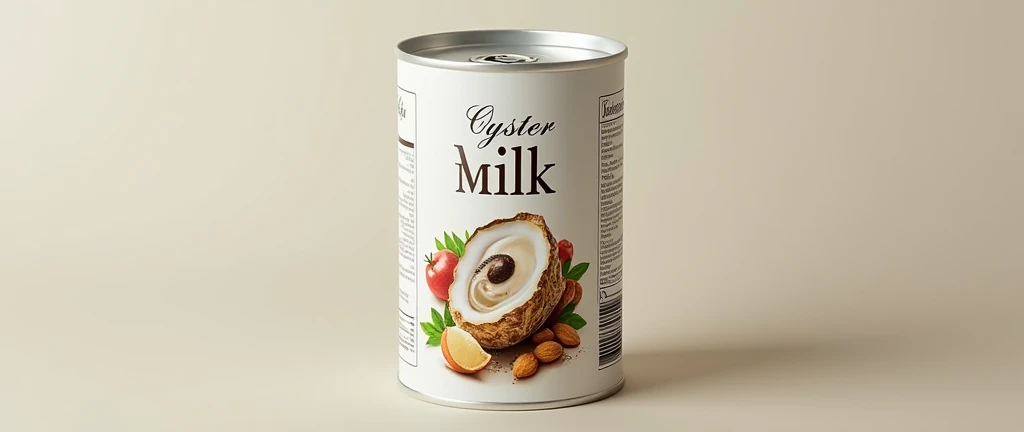 create a print design to wrap a round milk can, consists of 3 equal parts, left part, middle and right part, left part và phần bên phải là gồm thông tin sản phẩm dưới dạng chữ viết, with barcode. The middle part has the main image of oysters and nutritious nuts along with the name of the product, make them on the same layer.