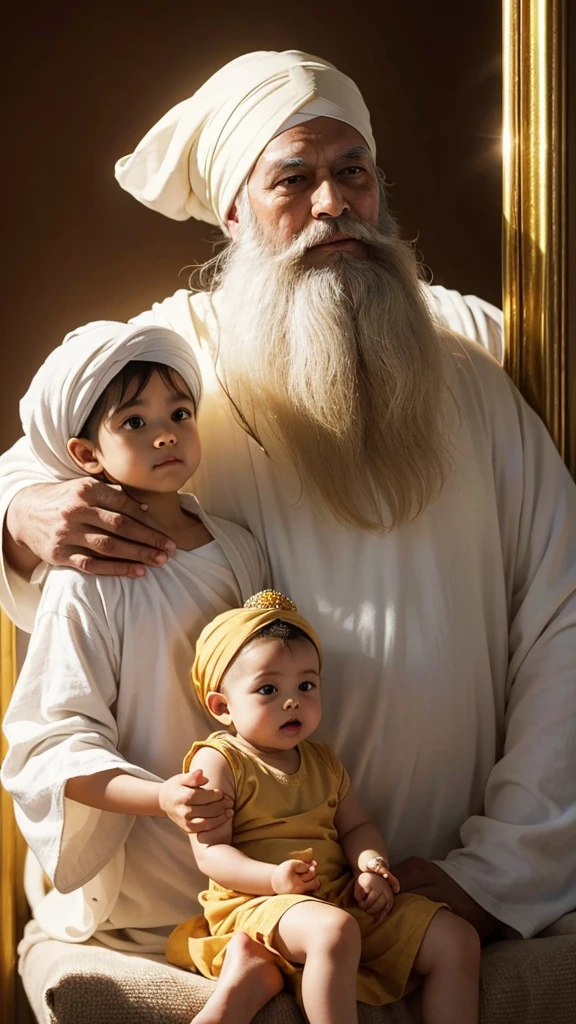 A wise Guru with a long white beard and turban sits in a halo of light, with a  sitting in front of him, the Guru is holding his hand out, the child is looking up at him with respect. The background is a warm, golden glow, with soft, flowing lines of light. The image is full of warmth and serenity, and