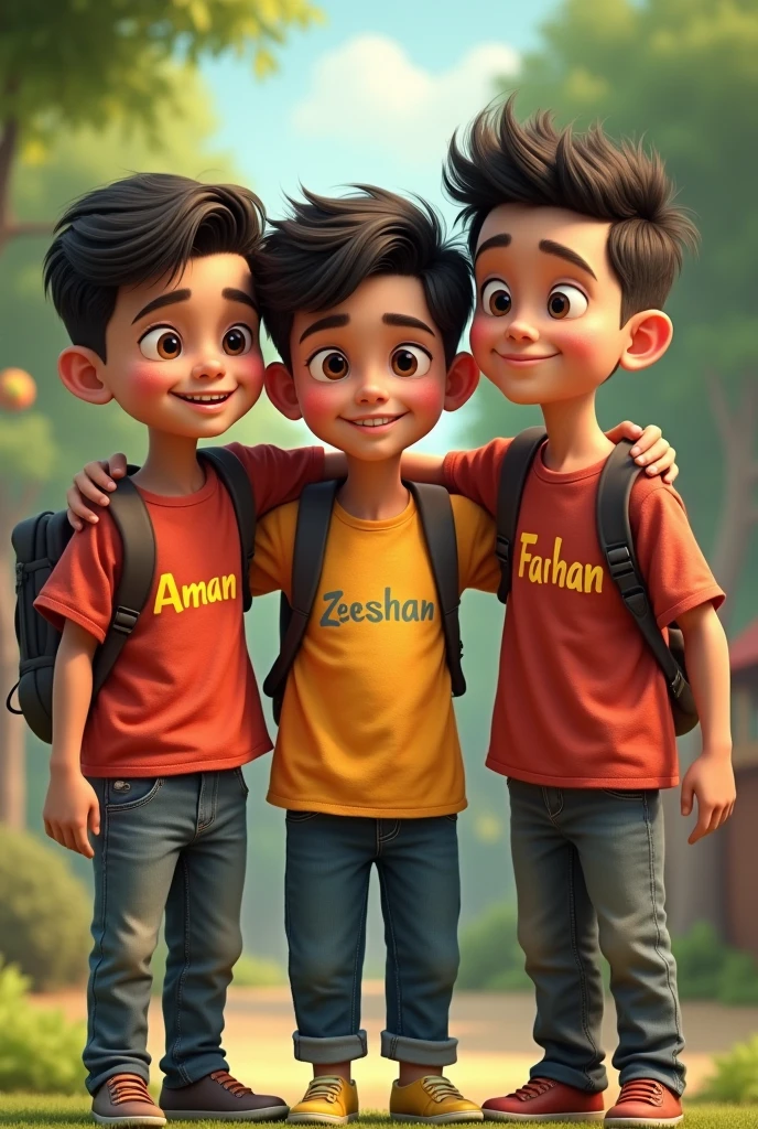There are three boys and the name of the first is boy name is Aman, the second boy name is Zeeshan and the third boy name is Farhan written on the shirt.
