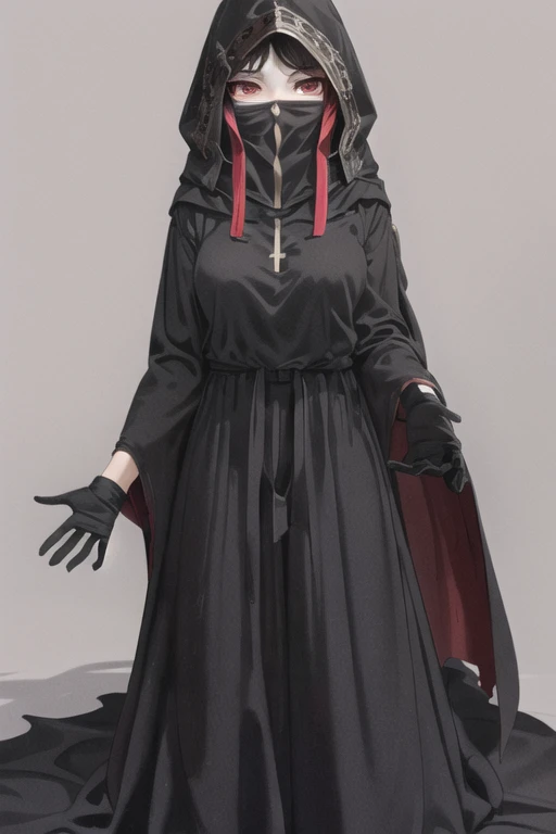 NNAssassinFSF, 1girl, solo, black hair, long cape sleeves, sleeves covered hands, long skirt, robe dress, long cape, cape, black cloak, hood up, black robe, covered mouth, white gloves, mask, hooded cloak, ((masterpiece, best quality)),standing, robe cross, room, red eyes, happy look, 