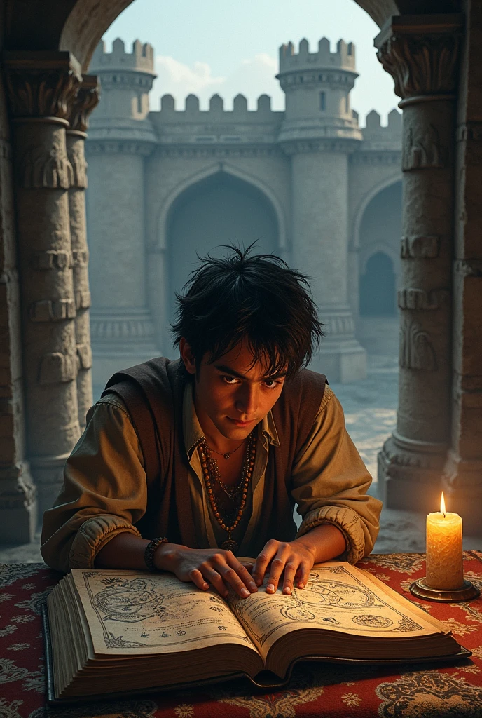 Arjun reading the book and discovering clues about a hidden treasure within the fort. The pages show mysterious symbols and maps.**