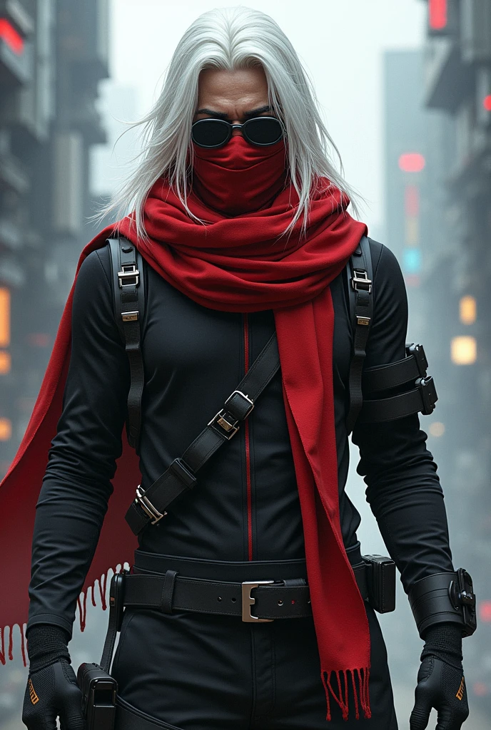 A sci-fi stealth action character male with white long hair with a bright red scarf on that covers their mouth while they are wearing goggles