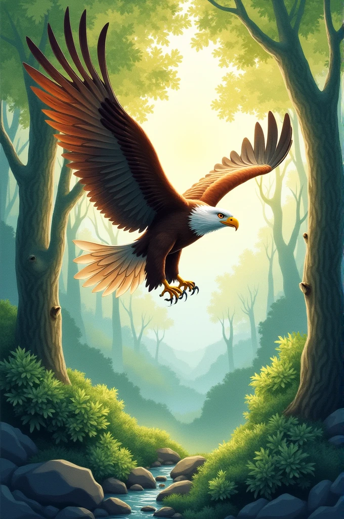 Majestic eagle soaring above a serene forest landscape, in the style of a vibrant watercolor painting, soft brushstrokes, lush greens, gentle sunlight filtering through trees, dynamic wing motion --ar 9:16 --no text