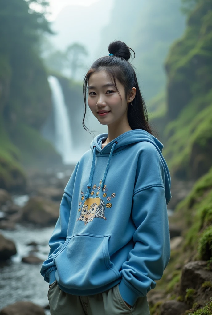 Beautiful Korean girl, smooth white skin, black hair tied in a bun, blue hoodie, decorated with an apocadot motif.
, Long cargo pants, a faint smiling expression, the background is surrounded by lush mountains, tall trees, rocky cliffs, and flowing waterfalls ,with fog and sunlight through the realistic trees, original photo,