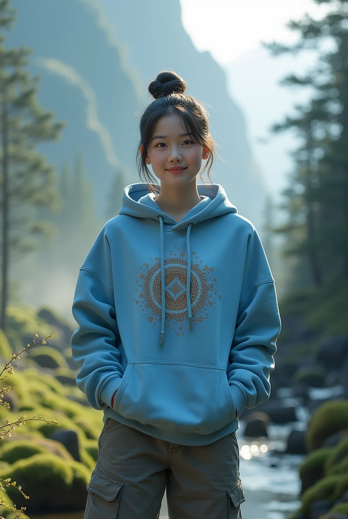Beautiful Korean girl, smooth white skin, black hair tied in a bun, blue hoodie, decorated with an apocadot motif.
, Long cargo pants, a faint smiling expression, the background is surrounded by lush mountains, tall trees, rocky cliffs, and flowing waterfalls ,with fog and sunlight through the realistic trees, original photo,