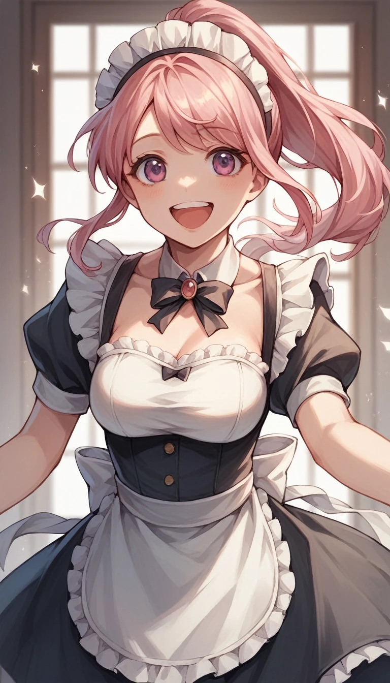 Beautiful and cute woman "I love infinity", Joyful, Happy, Anime illustration,Pink Hair、ponytail、Slender Body、 Beautiful Smile、Realistic,Maid clothes