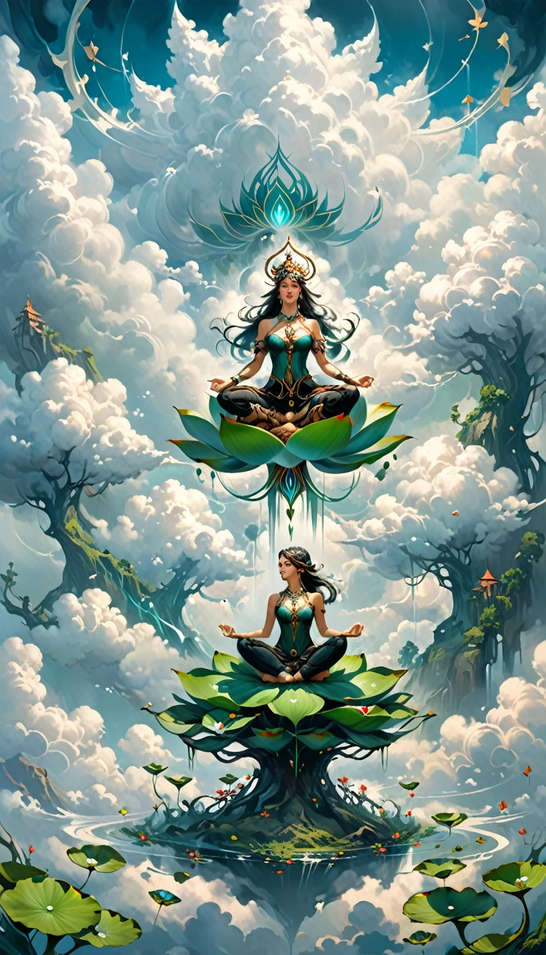 painting of a woman sitting in a lotus position in the clouds, inspired by Peter Mohrbacher, peter mohrbacher style, peter mohrbacher digital art, in the art style of mohrbacher, in style of peter mohrbacher, peter mohrbacher. unreal engine, surreal concept art, peter mohrbacher artstyle, style of peter mohrbacher