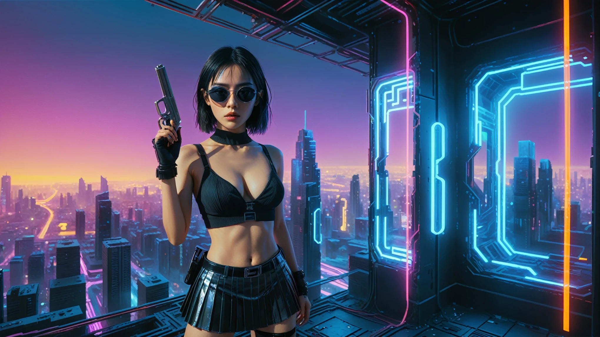 Cyberpunk female plagiarist immersed in digital theft, neon-lit alias within a vast online labyrinth, grotesque grunge brushing into surrealism, illuminated by kaleidoscopic volumetric light, a detailed masterpiece reminiscent of Moebius' distinctive style, deep focus, heightened depth field, psychedelic undertones amplified in a cinematic shot, aerial view of cyberpunk city at night, (1girl, solo), photo realistic, large-breast:1.4 D-cup slim body, cleavage:1.4, slim face, off broken mini sling-shirt and black sling bra, extremely short white pleated miniskirt, micro panty, (matrix style black micro sunglasses), (holding a short gun), half-body thigh level medium shot, cinematic lighting, ray tracing.