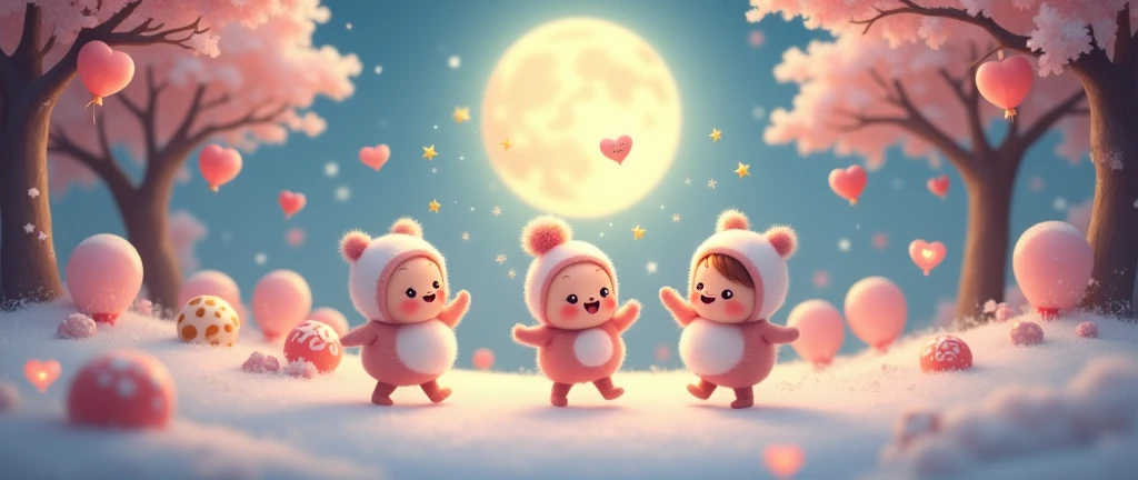A charming fluffy group children dancing with full moon a heart design, happy expression. The moon has bright, big. It sits in an enchanting winter setting with light pink heart-shaped balloons and star-shaped moon cake drifting around. The surrounding trees are laden with Mid-Autumn vietnamese Lantern and the sky above glows with a gentle twilight blue, contributing to a magical and affectionate mood. The image should embody a cartoon-like and extremely adorable style, with a soft-focus background to amplify the fairy-tale-like ambiance of the composition.