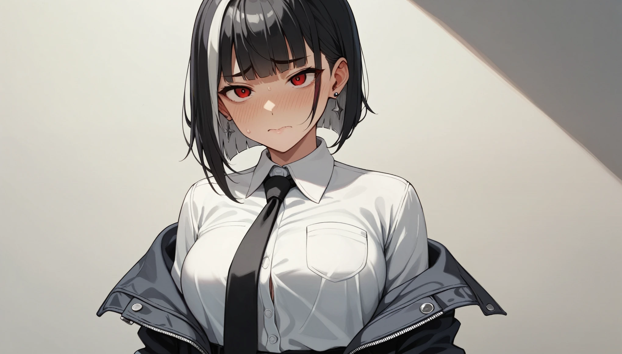 cyber punk、1girl、black hair, ((highlights hair, silver streaked hair))、blunt bangs、White shirt、Black tie、Pleated skirt、Red Eyes、Korean、Downtown at night、Slam Dunk、Straight Hair、Embarrassed、Earrings、Side bob cut