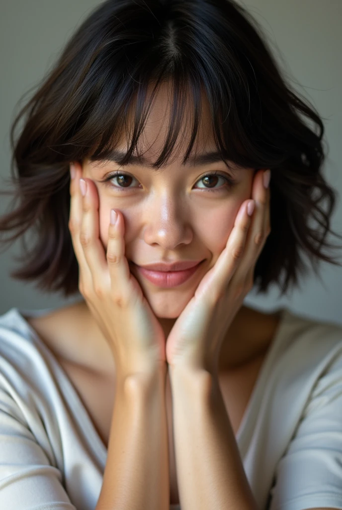 a woman with short dark brown hair, with an extroverted personality, wears a relaxed outfit in a close-up that where she hides she doesn't want to show her face too much