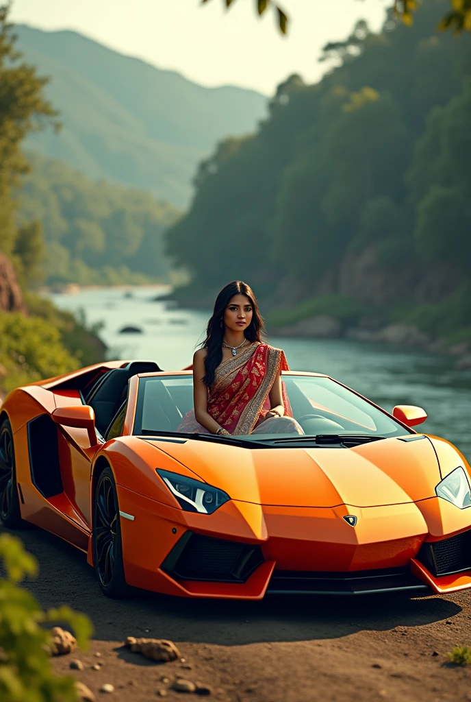 A girl here year 21, and sitdown car has a Lamborghini and here body saree and bagraund river and hill a nature view