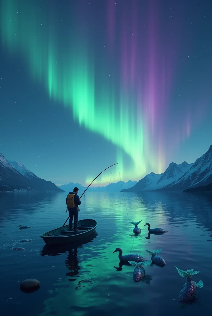 "Mermaids and Fisherman Under a Northern Lights Sky": On a clear night, A fisherman finds himself surrounded by mermaids emerging from the water, Their tails shimmering with the colors of the northern lights that illuminate the sky. The water reflects the green and purple hues, creating a magical and vibrant atmosphere. pixar style, 8k