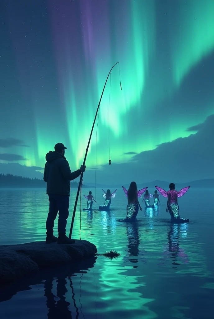 "Mermaids and Fisherman Under a Northern Lights Sky": On a clear night, A fisherman finds himself surrounded by mermaids emerging from the water, Their tails shimmering with the colors of the northern lights that illuminate the sky. The water reflects the green and purple hues, creating a magical and vibrant atmosphere. pixar style, 8k