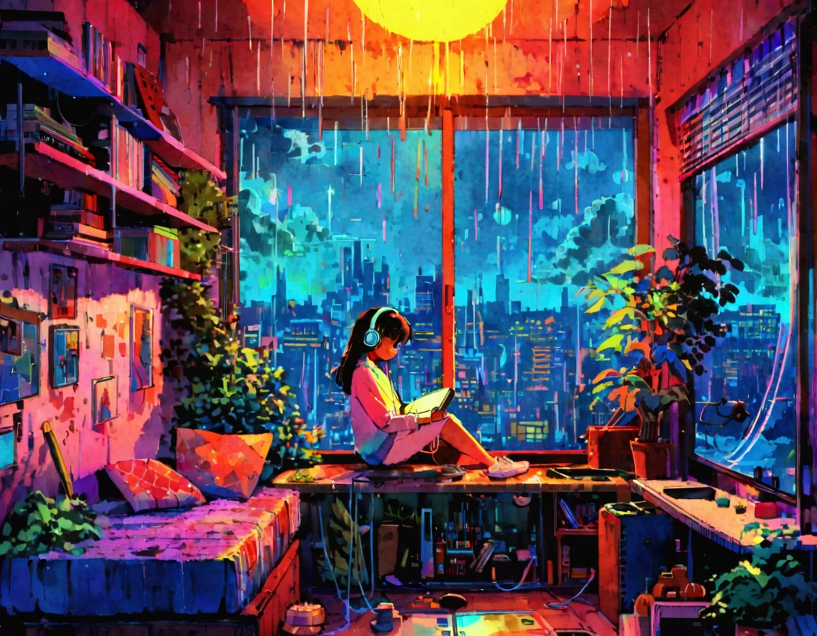(zero), Girl studying in her room, reading a book, Wear headphones, , night lights, Neon landscape on a rainy day,Analog Color Theme, Lo-Fi Hip Hop , retrospective, flat, 2.5D ,Draw a line, Ink Drawing, Large slope, Watercolor painting, Goosch Colors, Studio Ghibli Style, Awesome colorful, Outer Ton, Synthwave, lofi art,90s style,Old texture, amplitude,90s vibe, masutepiece, Tremendous technology, 16:9 scale