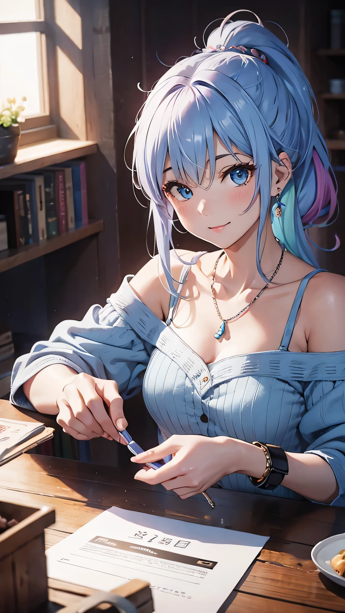 最high quality、Best image quality、masterpiece、and((cute、18-year-old、Best Bust、Medium Bust、Beautiful Blue Eyes、Spread your chest wide,Pastel colored hair、ponytail、Disheveled Hair、thin、Highest valley、Pastel Dress、smile、necklace、Wristband、))high quality、Beautiful art、background((Pastel Room、Live Performance Venues)),Tabletop、Exquisite design、Visual Arts、Written boundary depth、Best lighting、Highest detail、8k