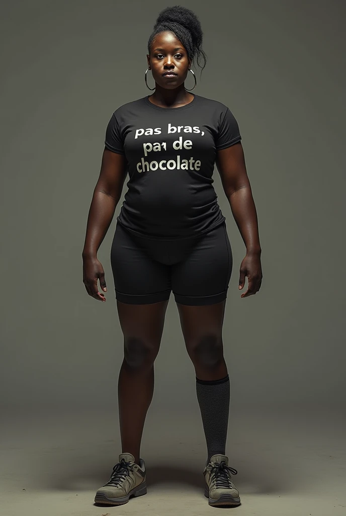 Une femme de 1m10, africaine, de 110kg, sans bras, avec un tshirt écrit dessus "pas de bras, pas de chocolat".