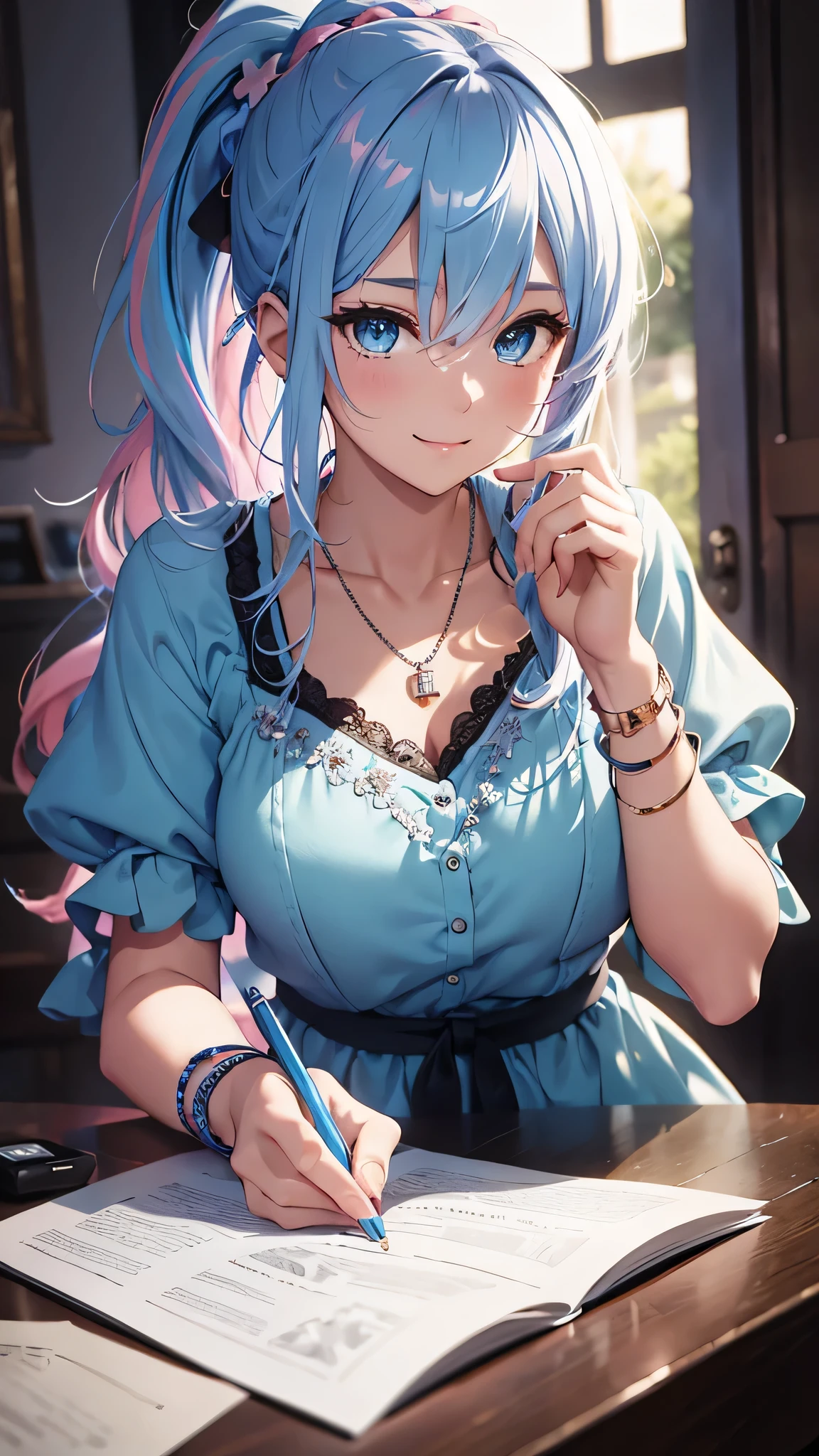 最high quality、Best image quality、masterpiece、and((cute、18-year-old、Best Bust、Medium Bust、Beautiful Blue Eyes、Spread your chest wide,Pastel colored hair、ponytail、Disheveled Hair、thin、Highest valley、Pastel Dress、smile、necklace、Wristband、))high quality、Beautiful art、background((Pastel Room、Live Performance Venues)),Tabletop、Exquisite design、Visual Arts、Written boundary depth、Best lighting、Highest detail、8k