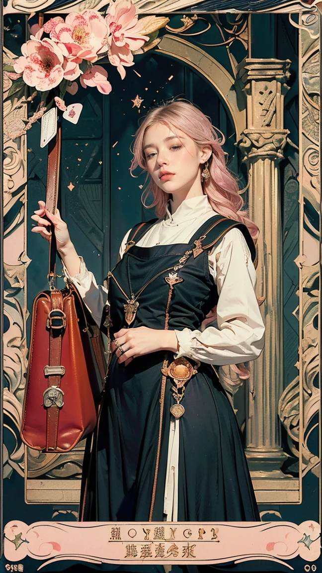 Highest quality、masterpiece、タロットcard、Balance scale、(Morgan Greer Tarot:1.2)、Retro art style、Thick outline、English text、Roman numerals、card、(Fit the frame properly:1.2)、(((タロットcard風の枠:1.5)))、((Medieval Europe、Traveling woman、big travel bag、Tired pose、Blushing、Disgusted beautiful woman:1.5))