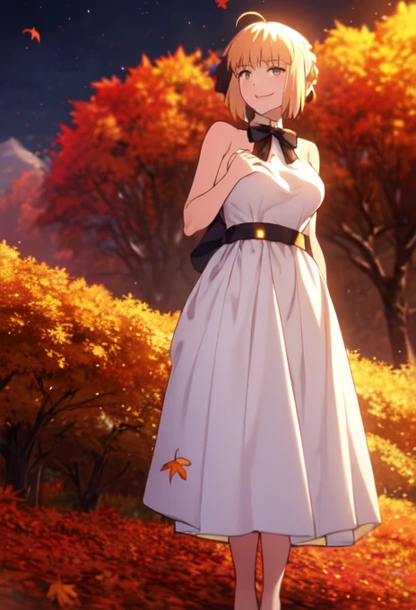 (safe:1.10), best quality, masterpiece, highres, solo, (saber_fatestaynightufotable:1.10), anime_style, 24 ,funny expression,big breast,Falling autumn leaves,autumn leaves,moonlight,cowboy shot, full body shot,white and gold dress,black
and gold ribbon,smile,sholder nude,Wave one hand