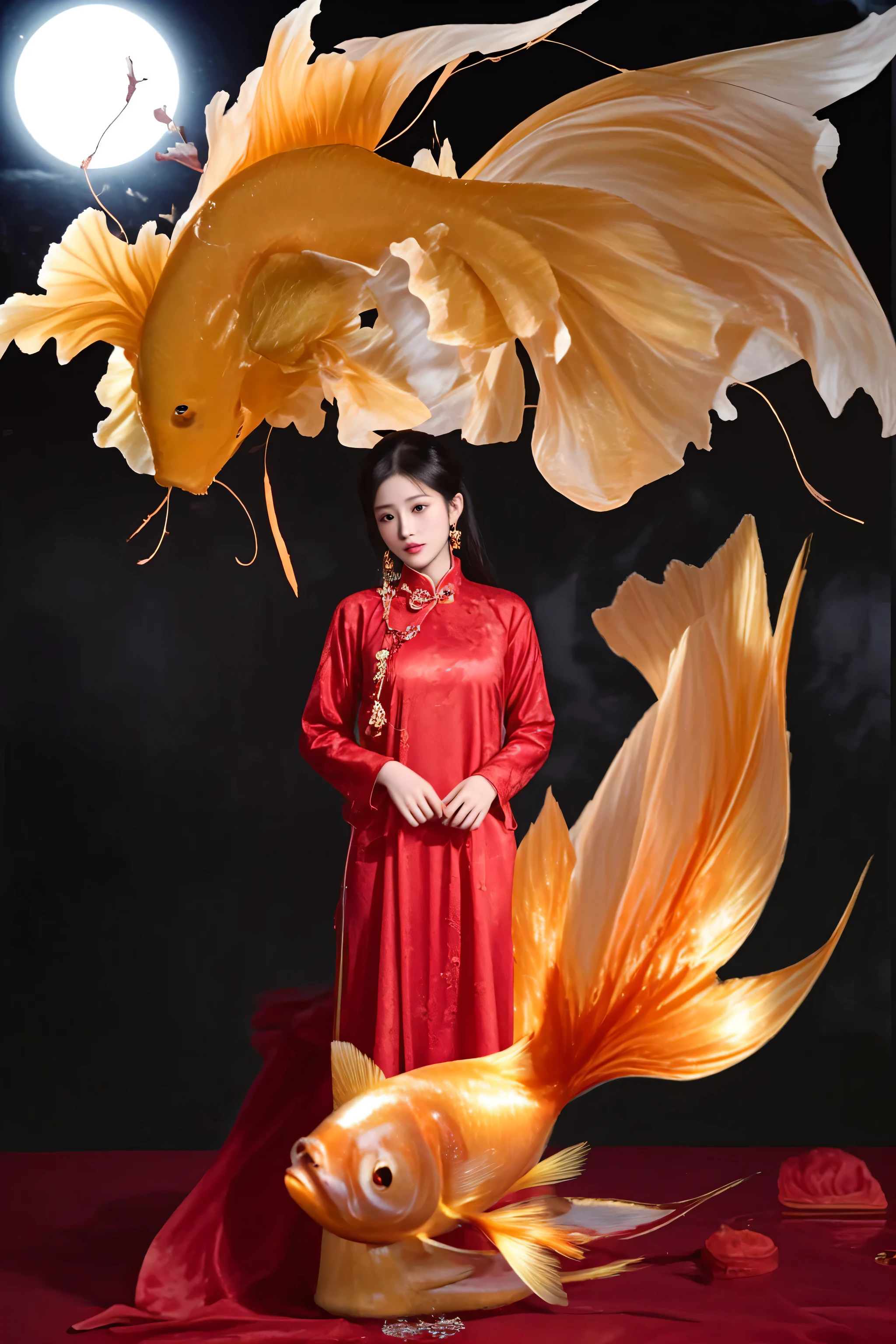there is a woman in a red dress standing next to a gold fish, ao dai, with acient chinese clothes, cheongsam, inspired by Ju Lian, inspired by Dai Xi, traditional chinese clothing, inspired by Tang Di, inspired by Gao Kegong, chinese dress, inspired by Gu An, inspired by Lü Ji, inspired by Xu Xi