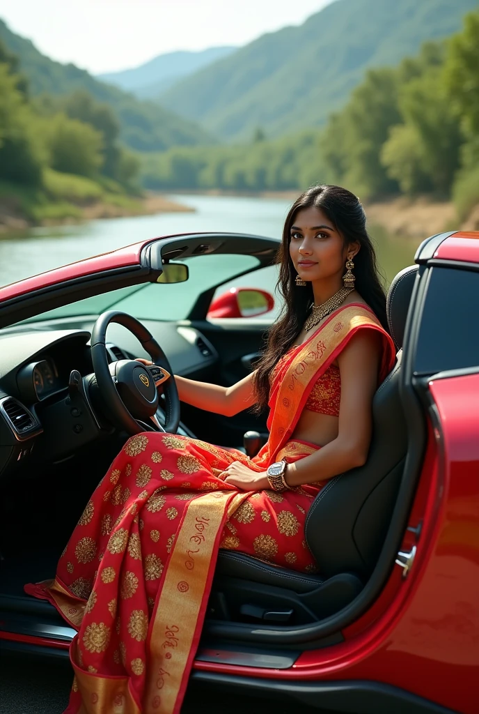 A girl here year 21, and sitdown car has a Lamborghini and here body saree and bagraund river and hill a nature view 