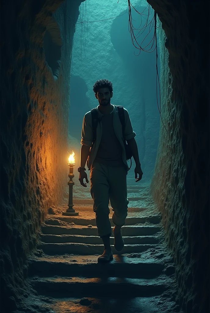 Arjun descending into the cold, dark basement of the fort. The walls are covered in strange carvings, and the air feels heavy and ominous