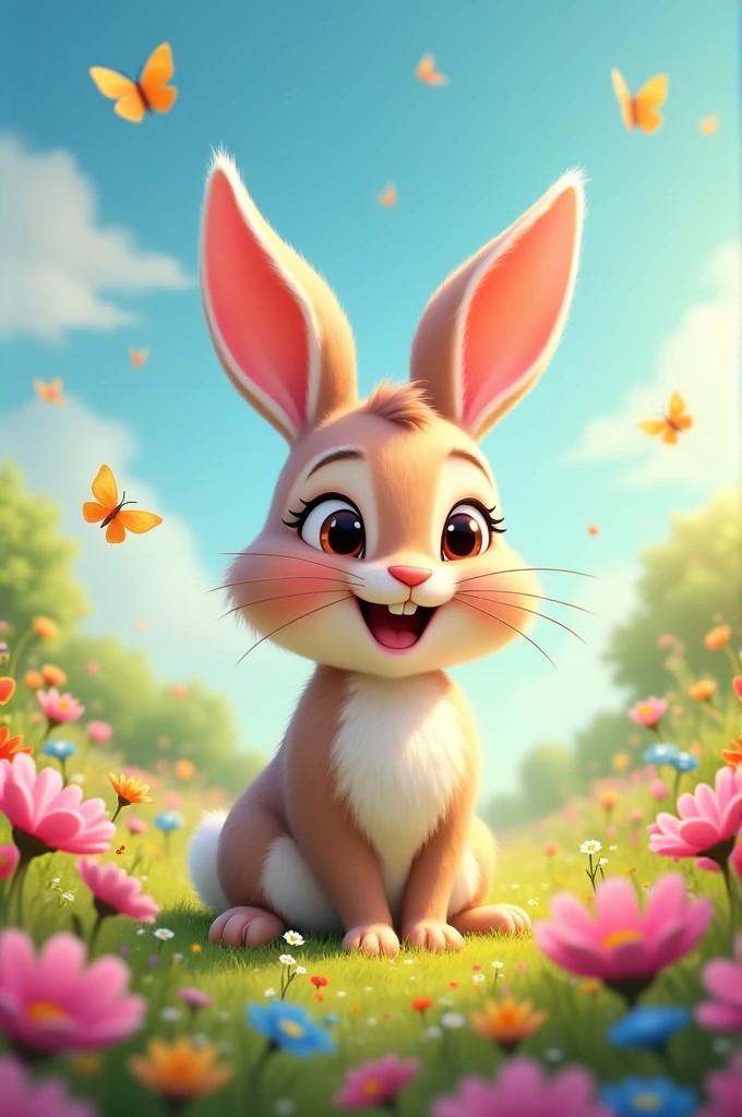 A playful rabbit cartoon character, vibrant colors, whimsical expressions, exaggerated features, surrounded by a colorful meadow with flowers and butterflies, in the style of classic animation, --ar 16:9 --no text.