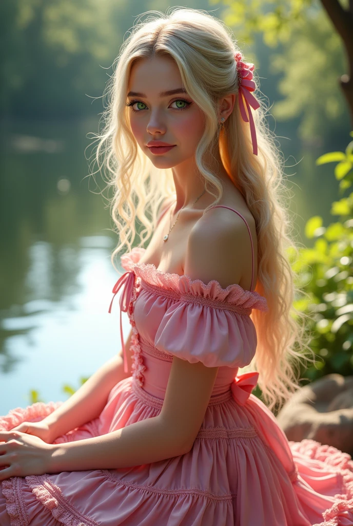 (photorealism:1.2), green eyes , blonde hair, in pink ta dress, sit near river