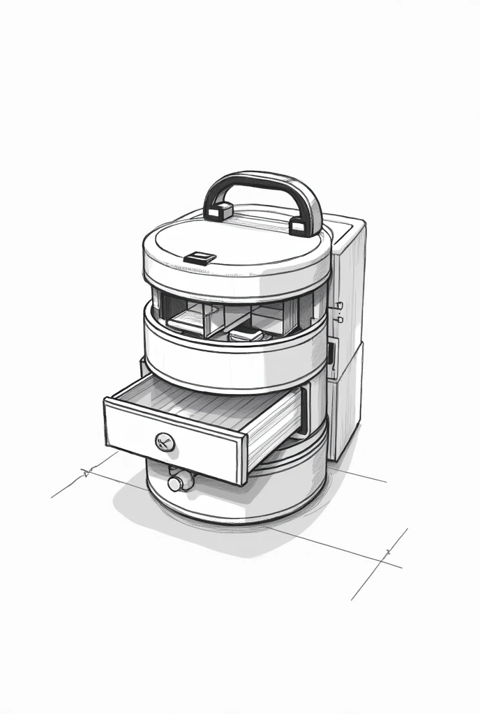 A round makeup kit with 3 compartment stacked on top each other, makeup brush holder attached to one of the compartment, button to hold the compartment in place, and a drawer on the last bottom story with a handle attached to the makeup kit to carry it in black and white sketch art.