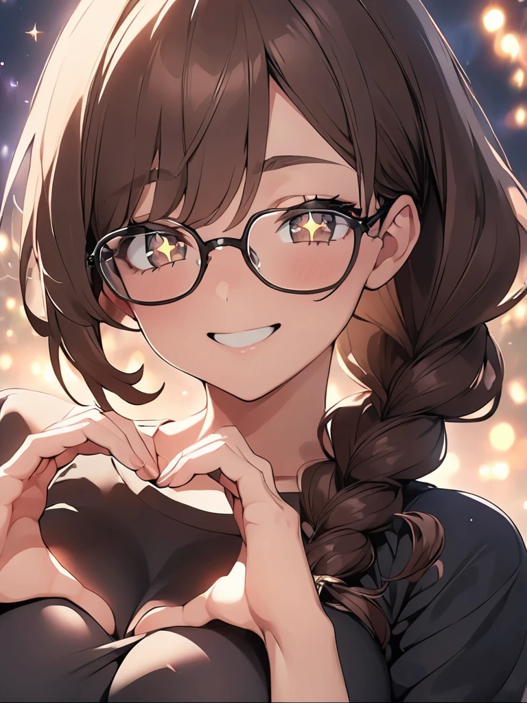 (anime screencap:1.2), masterpiece, best quality, ultra detailed 8k, (cute girl with one braid:1.2), (dark brown hair, (low ponytail, one braid), braid with ribbon), , light brown eyes, sparkling eye, droopy eyes, glasses, happy smile, large breasts, (many sparkles, sparkle:1.4), (heart hands, spoken heart, many hearts, giving hearts at viewer),
BREAK
simple black t-shirt, upper body, from front, dynamic angle, simple background