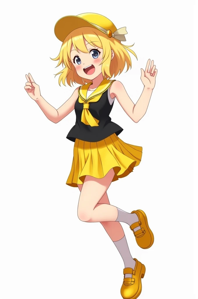 Girl with yellow short hair, wearing Japanese yellow skirt, black sleeveless school girl uniform, yellow bonnet, big yellow shoes, jumping pose, white background