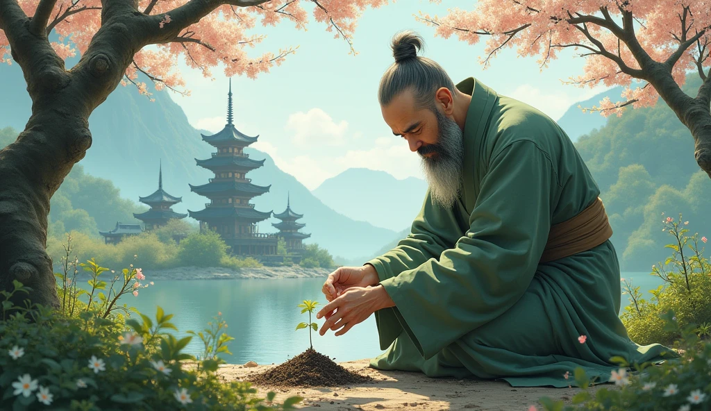 Chinese monk sensei planting seed, surrounded by temples, beautiful trees, in anime style, beautiful scenario,