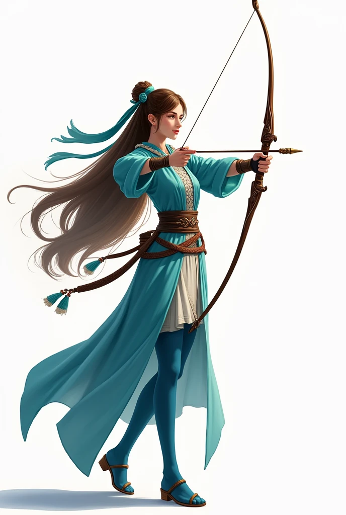masterpiece, best quality, 1girl, solo, a archer, brown hair, turquoise head ribbon, wearing turquoise robe, blue inner tights, holding a bow, confident face, white background, full body, (closed mouth:1.2), looking at sky, best quality