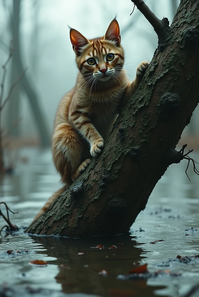 Create a cat who is suffering from the water of flood. The area should look full if water. And the cat should be above of a tree. And the true if half in the down in water