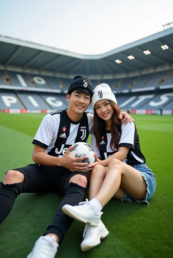 Displaying full HD high resolution photos, A handsome Korean man is sitting in the middle of the stadium field., while sitting on the grass the man is holding a ball with the JJ symbol, the man is wearing a black and white juventus jersey,wearing black jeans with rips, white sneakers, and wear a white beanie hat with the JJ logo, Beside the man, a beautiful woman was seen sitting there too.,the woman is wearing a juventus jersey, pakai rok pendek jeans sobek sobek dan white sneakers,wear a JJ logo black beanie hat, they both smile facing the camera, background of a green grassy stadium field and stands with the words "juventus",realistic
