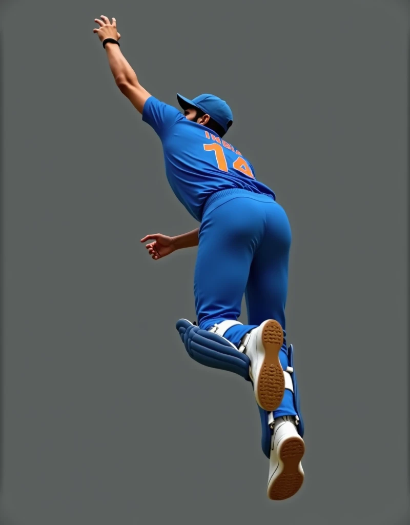 Give me a blue jersey with INDIA written on the back. Cricket player Virat Kohli bowling in white sneakers and cricket knee pads.,Show back,顶光drop shadow, anaglyph, stereogram, tachi-e, ass pov, atmospheric perspective, 8k, super detail, best quality