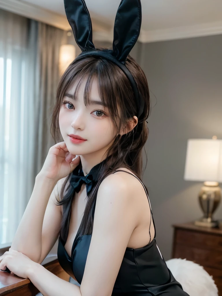 (8k, RAW Photos, Highest quality, masterpiece: 1.2), Very detailed, Super Resolution, (Genuine, Genuine photos: 1.37), Portraiture, High-quality RAW color photos, Professional photos, Very detailedで美新しい, Very detailed, 8k wallpaper, Amazing details, Very detailed CG Unity 8k wallpaper, Very detailed beautiful girls, Very detailed facesHighly detailed eyes, Very fine skin, Very detailed fingers, Very small nose, Very detailed detailed mouth, Perfect Anatomy, Big eyes、Detailed Background, High Quality Clothing, (Blunt bangs: 1.2), smile、(Bunny girl illustration。The character is wearing a charming bunny girl outfit.。The costume is a black leotard with a rabbit ear headband.、White cuffs and collar、And it is characterized by a small tail.。She strikes a confident pose、She has a slightly provocative smile。The background exudes a chic and stylish atmosphere, reminiscent of a club or lounge.、The scene gives an overall impression of being glamorous and sophisticated.。She has big boobs。Her hair is in a ponytail。