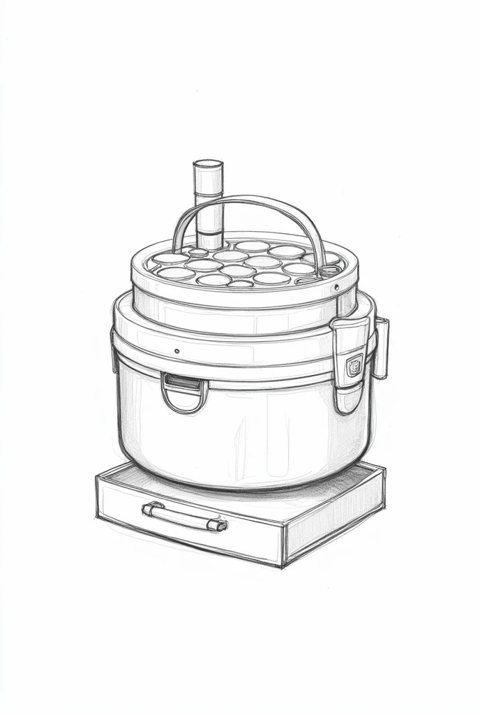 A round makeup kit with 3 compartment stacked on top each other, makeup brush holder attached to one of the compartment, button to hold the compartment in place, and a drawer on the last bottom story with a handle attached to the makeup kit to carry it in black and white sketch art.