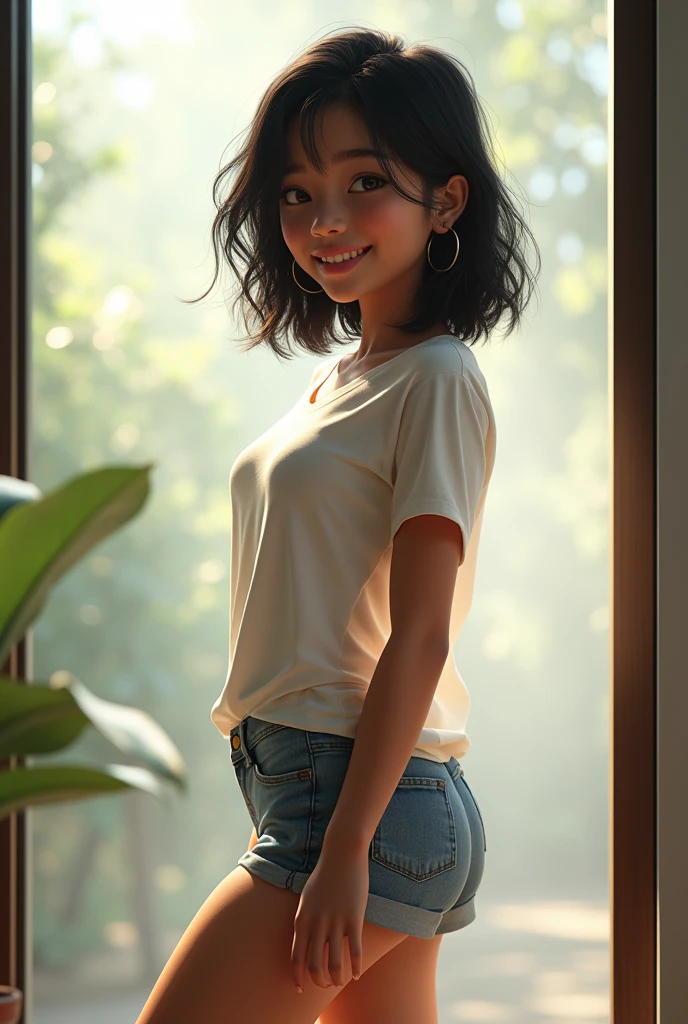 (photorealism:1.2), beautiful girl, hourglass body standing near a transparent window with a perfect jawline smiling
full body image, a dark girl with a layered hair cut
her hourglass body should be seen CLEARLY
put on shorts and a t shirt and face frontwards