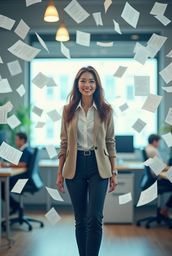 Office girl is smile and papers are flying into the computer screen