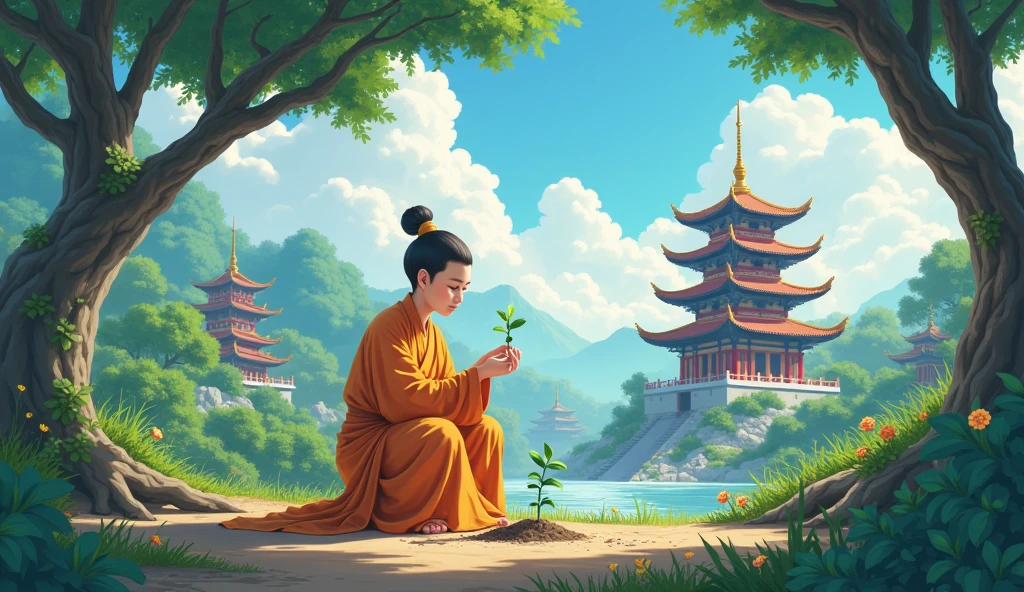 Chinese monk student planting seed, surrounded by temples, beautiful trees, in anime style, beautiful scenario,