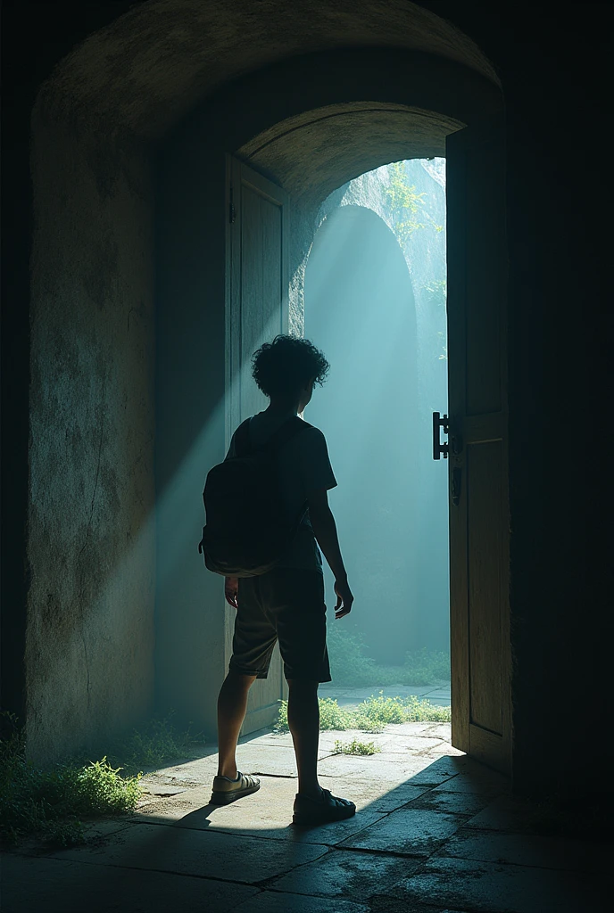 Arjun unlocking an ancient lock in the basement. As he does, a loud noise fills the room, and a secret door begins to slowly open in front of him.**