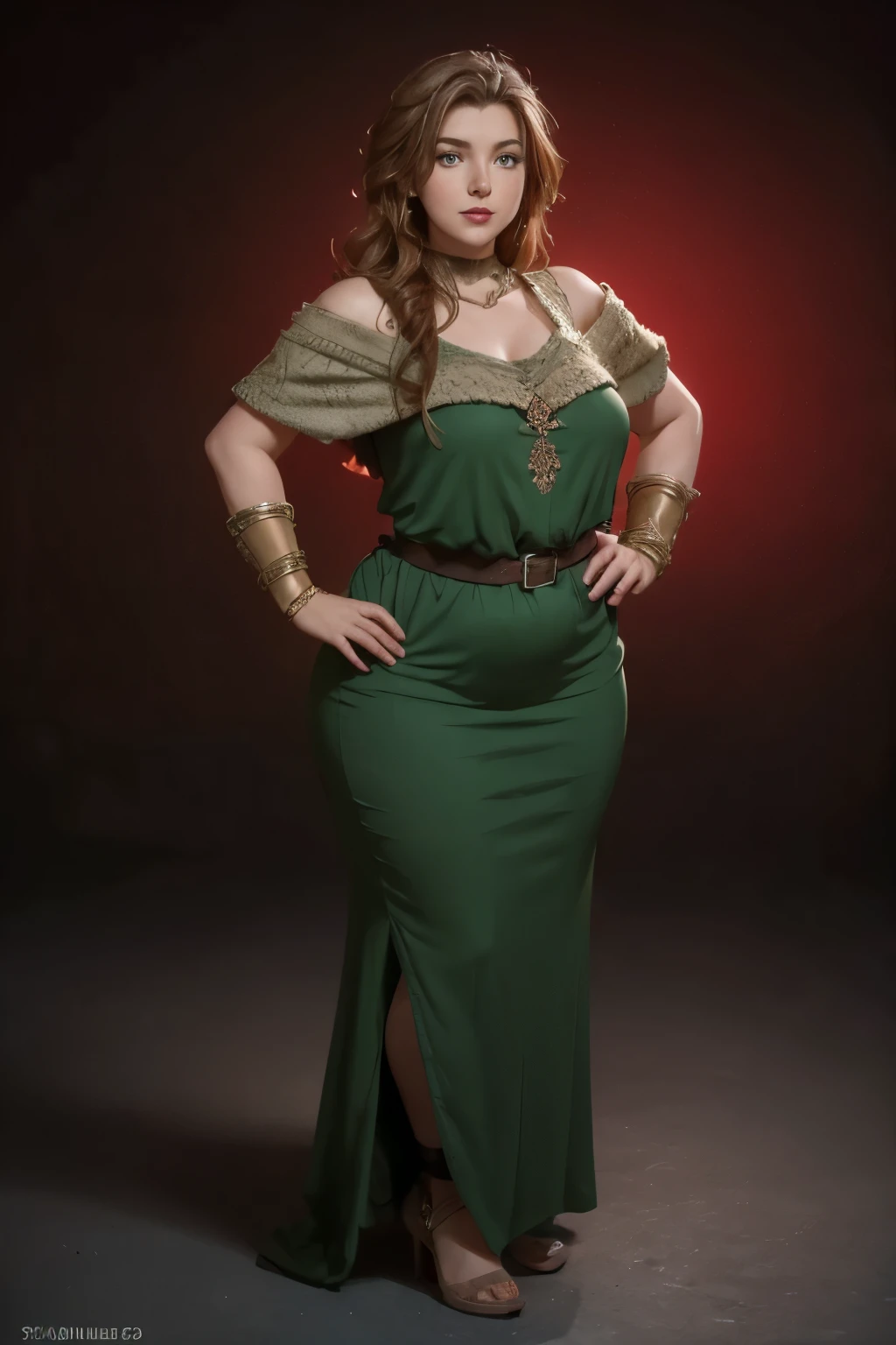 Beautiful, curvy ginger-haired ((dwarven woman)) in her 30s, with green eyes and striking features, exuding maturity and allure in a seductive pose against a dark red background. She has a (((short stature)) and a (chubby build).