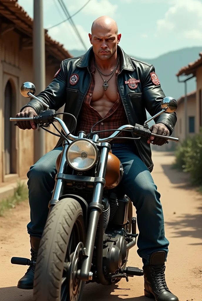 A warrior from Goiás with a hat, boots, weapons and a Harley Davidson