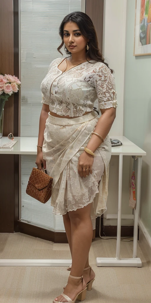 Day scene, A radiant, full-figured South Indian 35 year old aunty a cream colour chiffon mini skirt and white chiffon shirt, standing, in a office captured in a full-body image with vibrant hues and meticulous details. Full body image