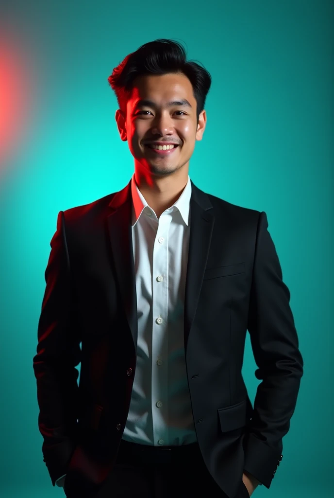 A young man with dark hair and a confident smile. He is dressed in a black blazer over a white shirt. The man is positioned against aqua colour backdrop with a subtle red lighting on the left side. and he posing for LinkedIn profile 146