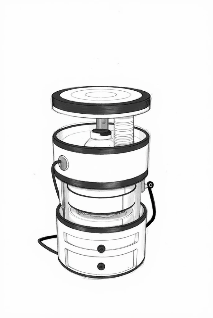 A round makeup kit with 3 compartment stacked on top each other, makeup brush holder attached to one of the compartment, button to hold the compartment in place, and a drawer on the last bottom story with a handle attached to the makeup kit to carry it in black and white sketch art.